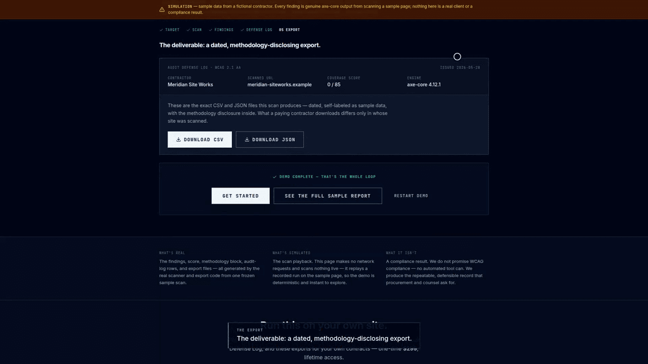 Poster frame: the demo export step — a dated Audit Defense Log with CSV and JSON downloads